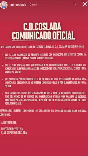 Comunicado oficial del Coslada. INSTAGRAM