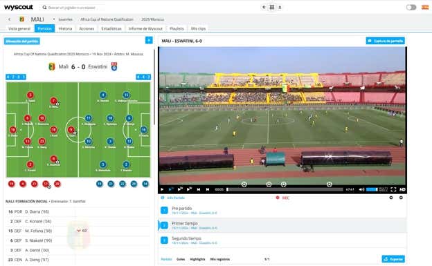 Un simple 'click' en Wyscout y puedes ver un Mali-Eswatini de clasificación africana. Wyscout