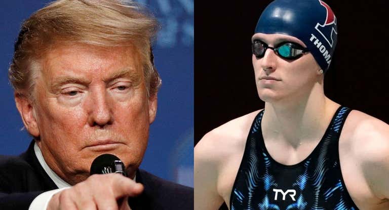 Donald Trump y la nadadora transgénero Lia Thomas.