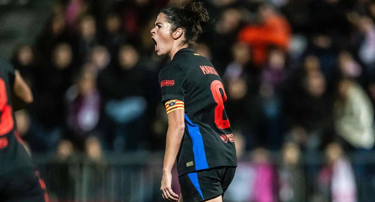 Marta Torrejón, jugadora del Barça, celebra su gol ante el Madrid CFF en cuartos de Copa de la Reina.