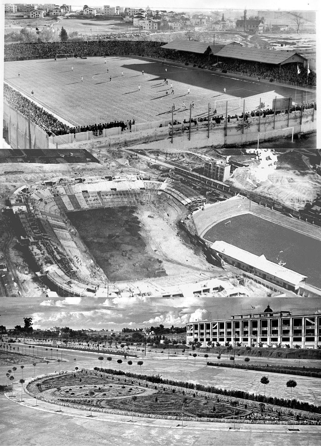 De arriba a abajo: el viejo Estadio de Chamartín, la construcción del nuevo (el actual Santiago Bernabéu) en 1946 e imagen desde la plaza de Lima  en 1949.  ABC