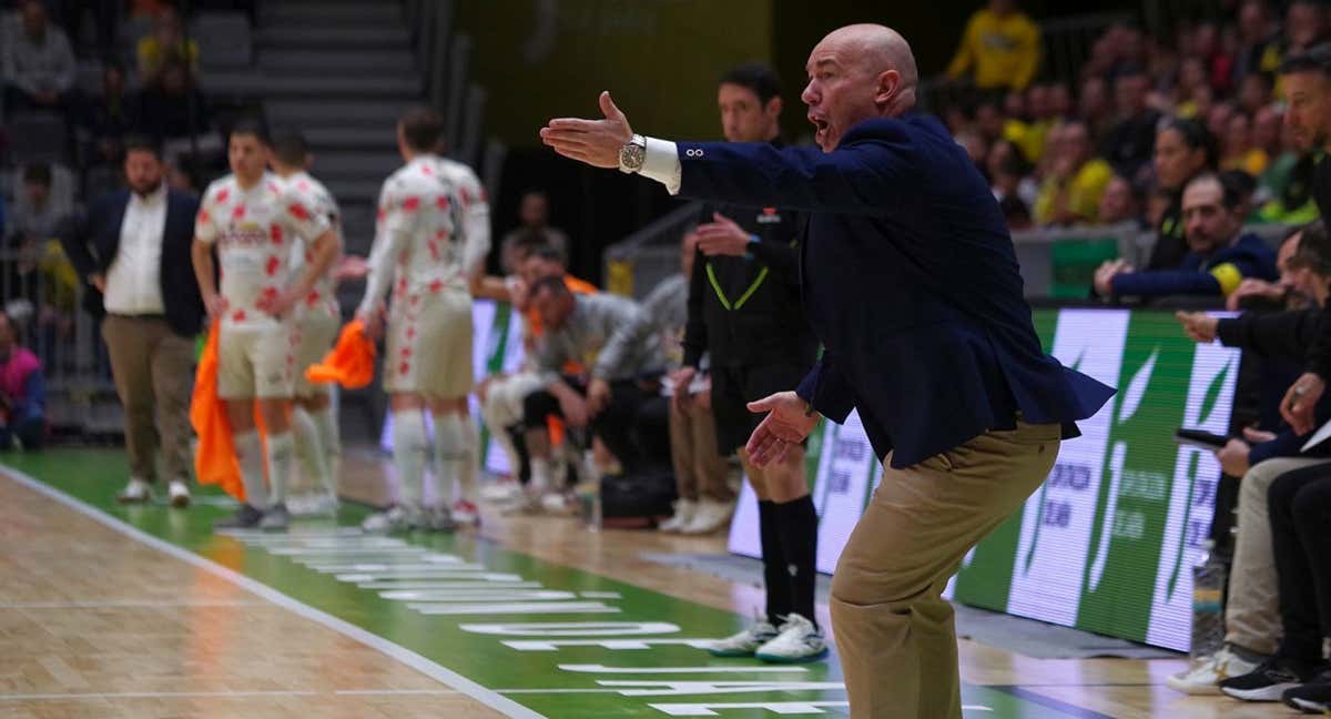 Dani Rodríguez dando indicaciones durante un partido frente a ElPozo Murcia en el Olivo Arena. /JAÉN FS