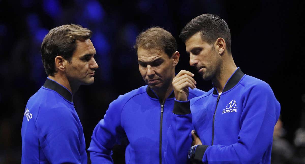 Roger Federer, Rafael Nadal y Novak Djokovic, el “Big Three” del tenis, durante la Laver Cup de 2022. /Reuters/Andrew Boyers