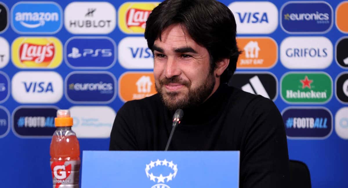 Pere Romeu, entrenador del Barça, en una rueda de prensa en la Champions.